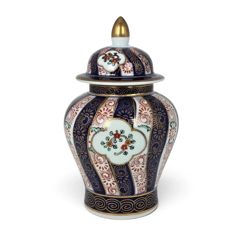 Gold Imari Hand Painted Porcelain Ginger Jar Blue Red Gold Floral 7